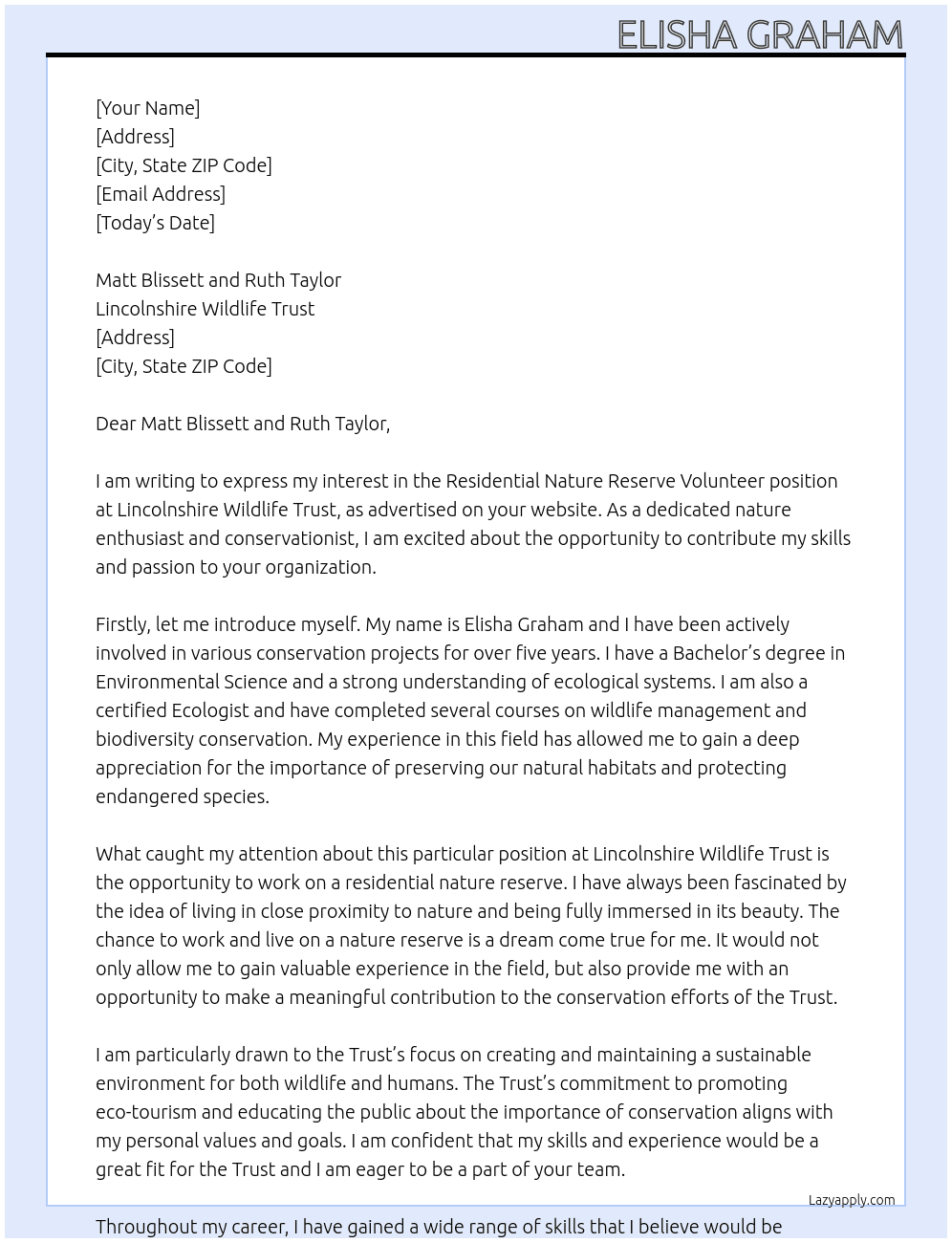 RESIDENTIAL NATURE RESERVE VOLUNTEER  At Lincolnshire Wildlife Trust Cover Letter