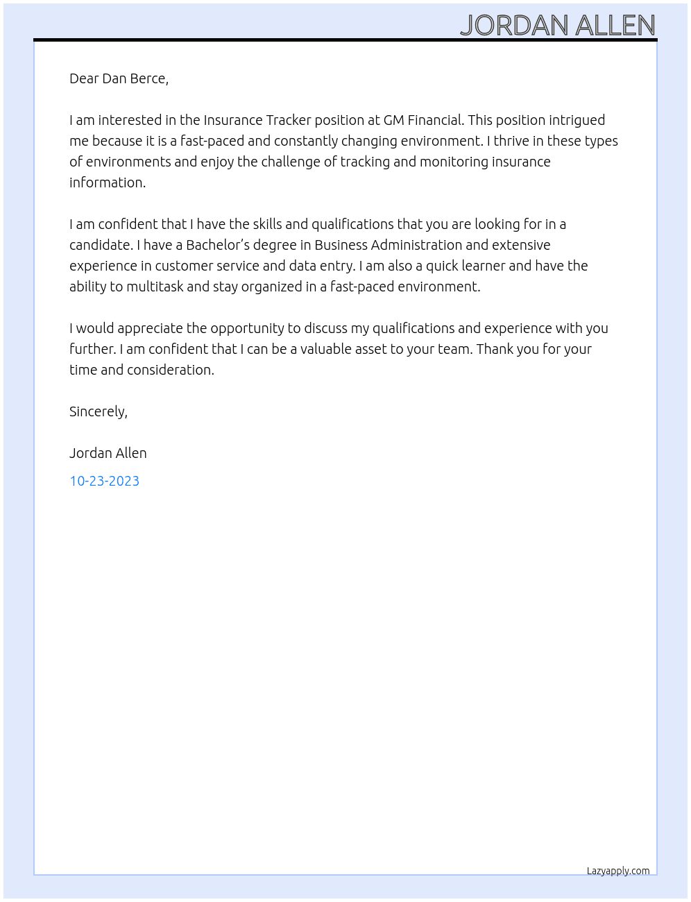 Insurance Tracker At GM Financial Cover Letter