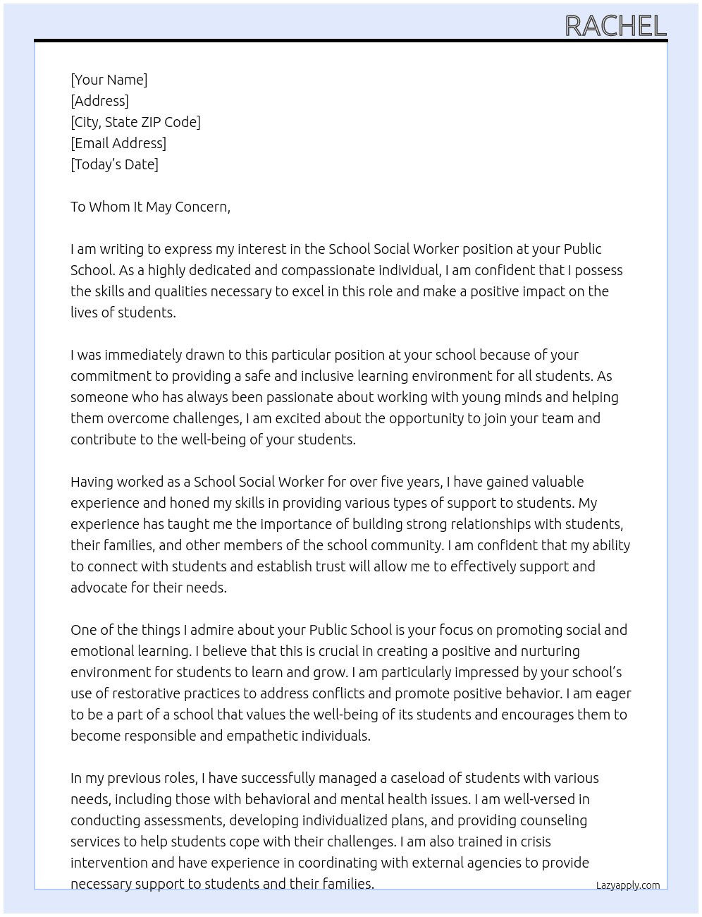 School Social Worker At your Public School Cover Letter