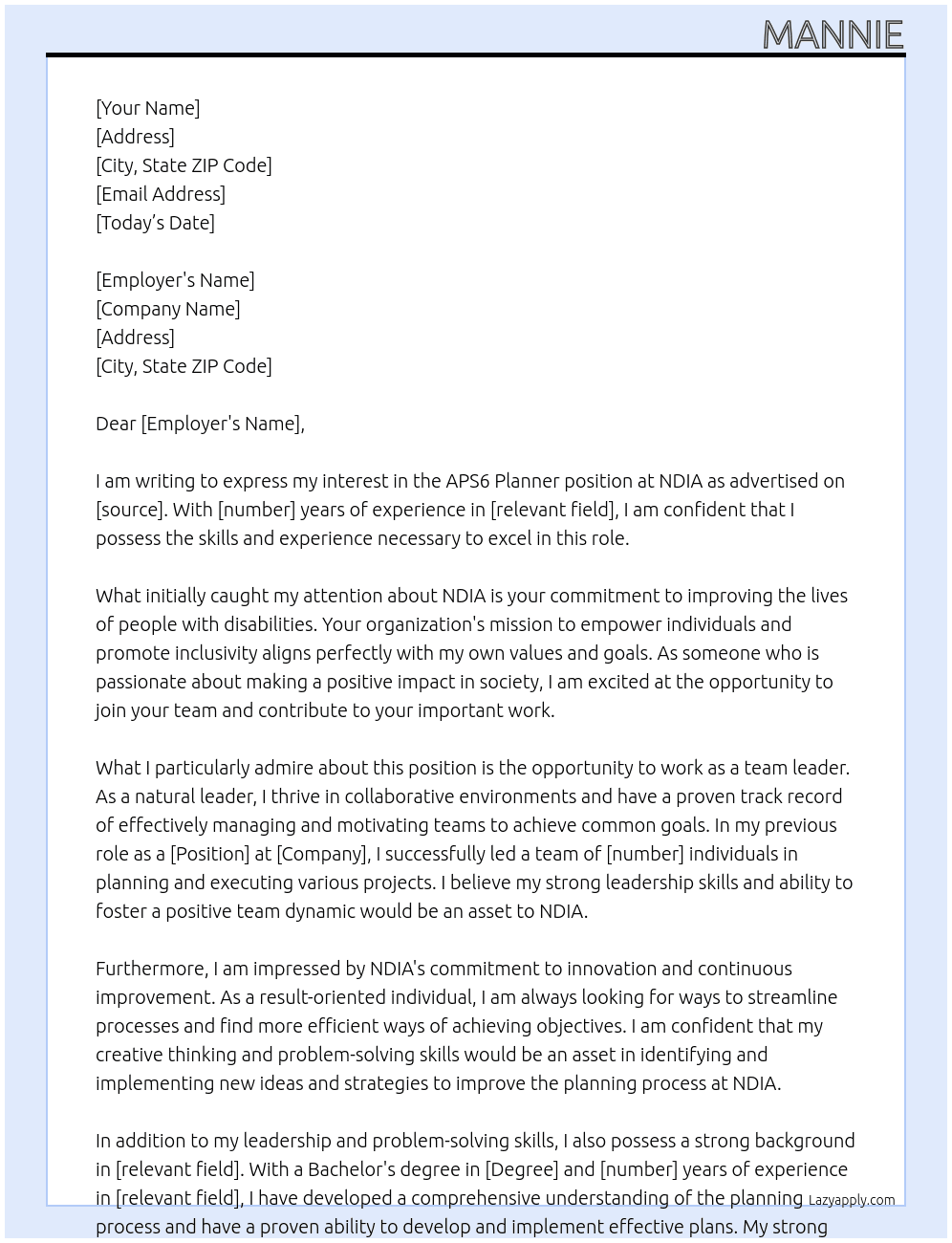 APS6 Planner At NDIA Cover Letter