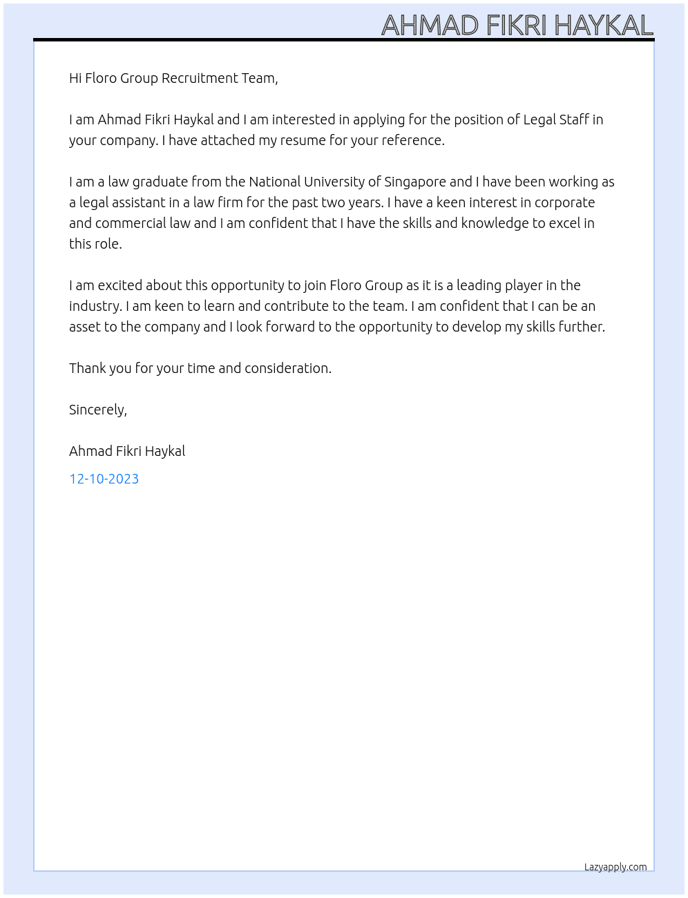 Legal Staff At Floro Group Cover Letter