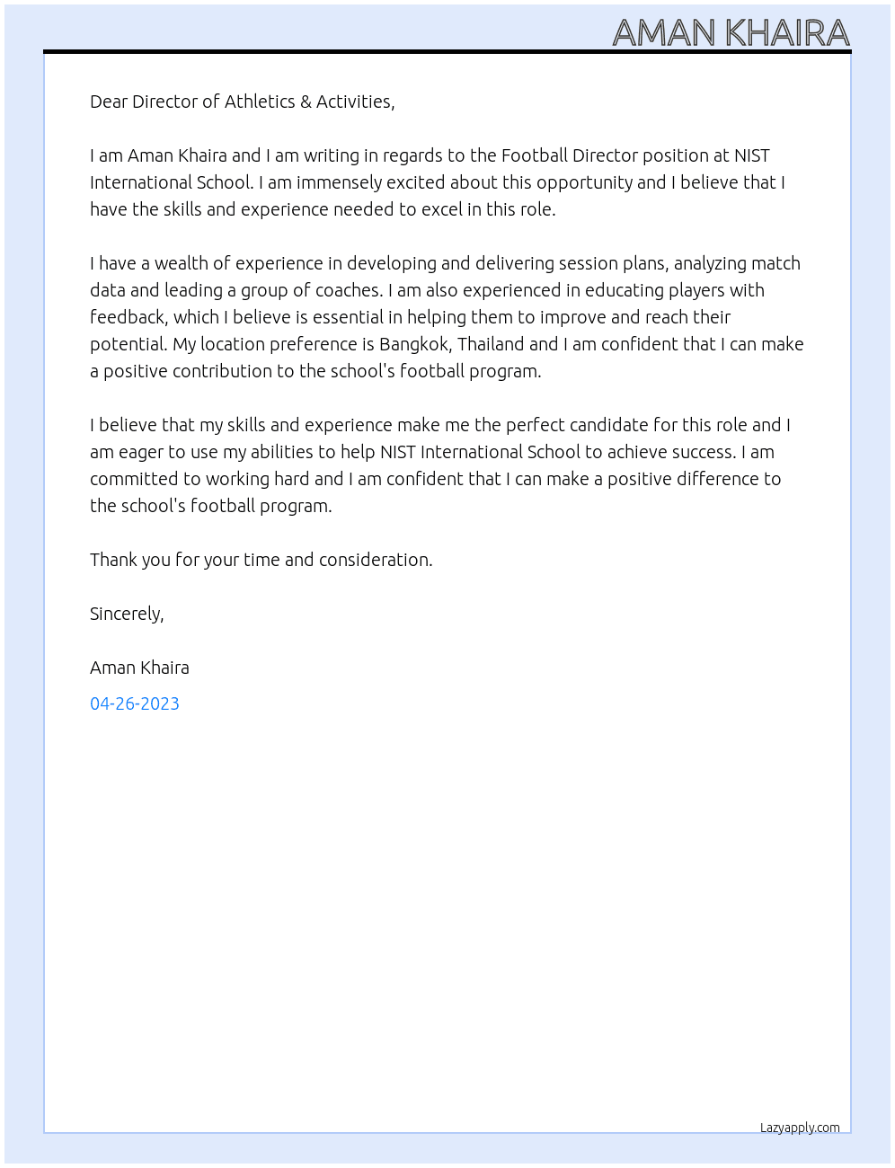 Football Director At NIST International School Cover Letter