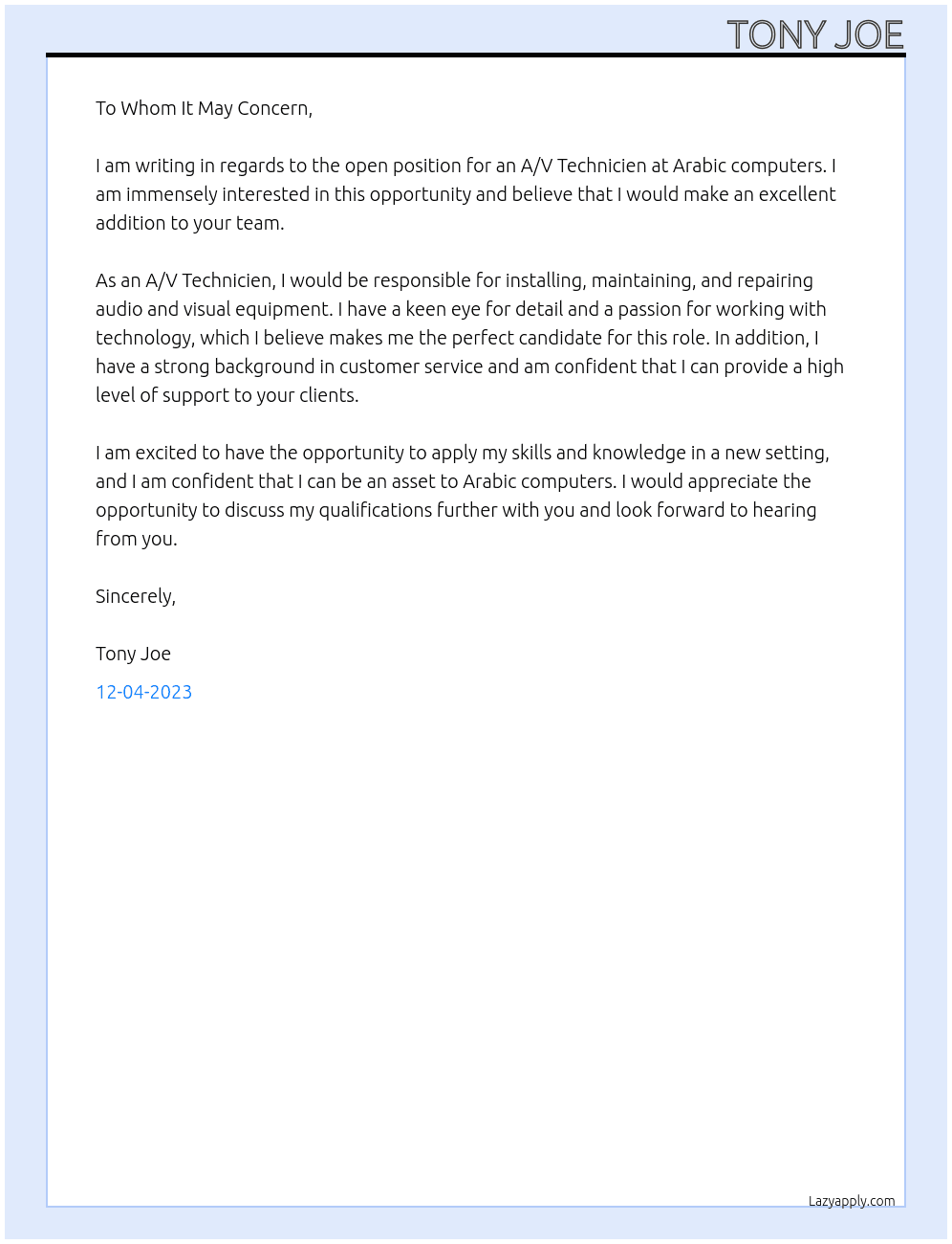 A/V Technicien  At Arabic computers Cover Letter