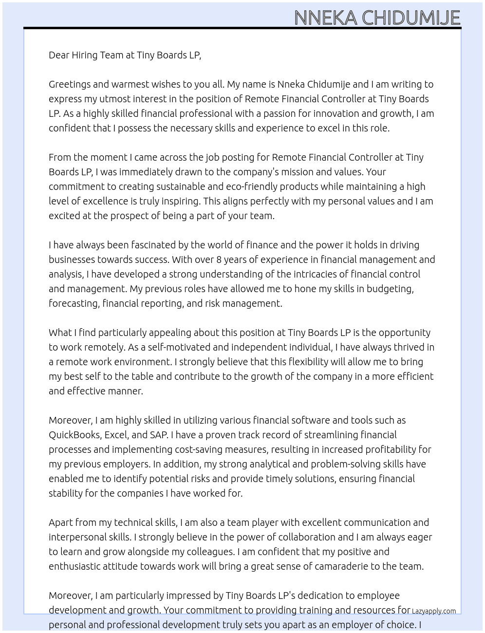 Remote financial controller  At Tiny Boards LP Cover Letter