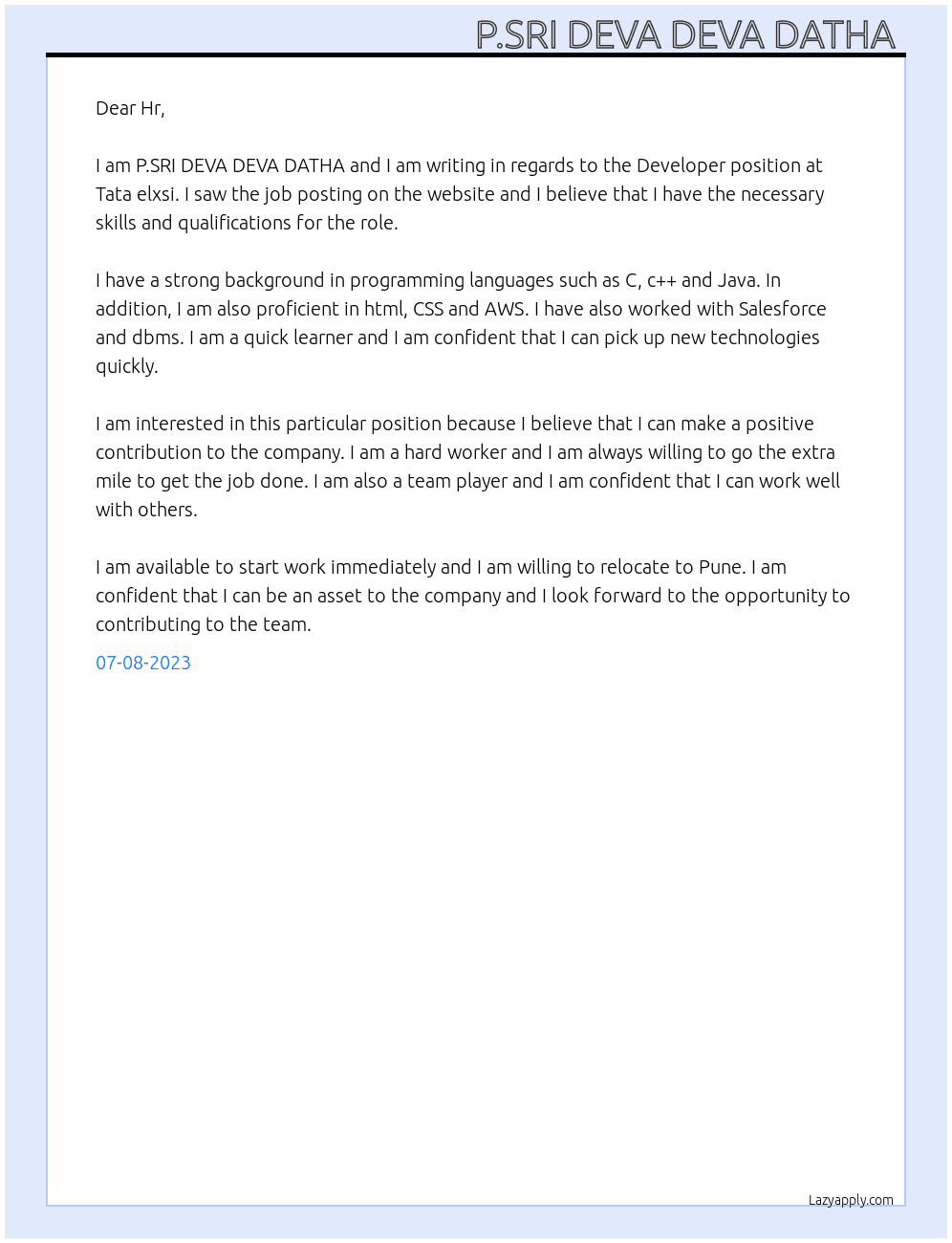 Developer  At Tata elxsi Cover Letter