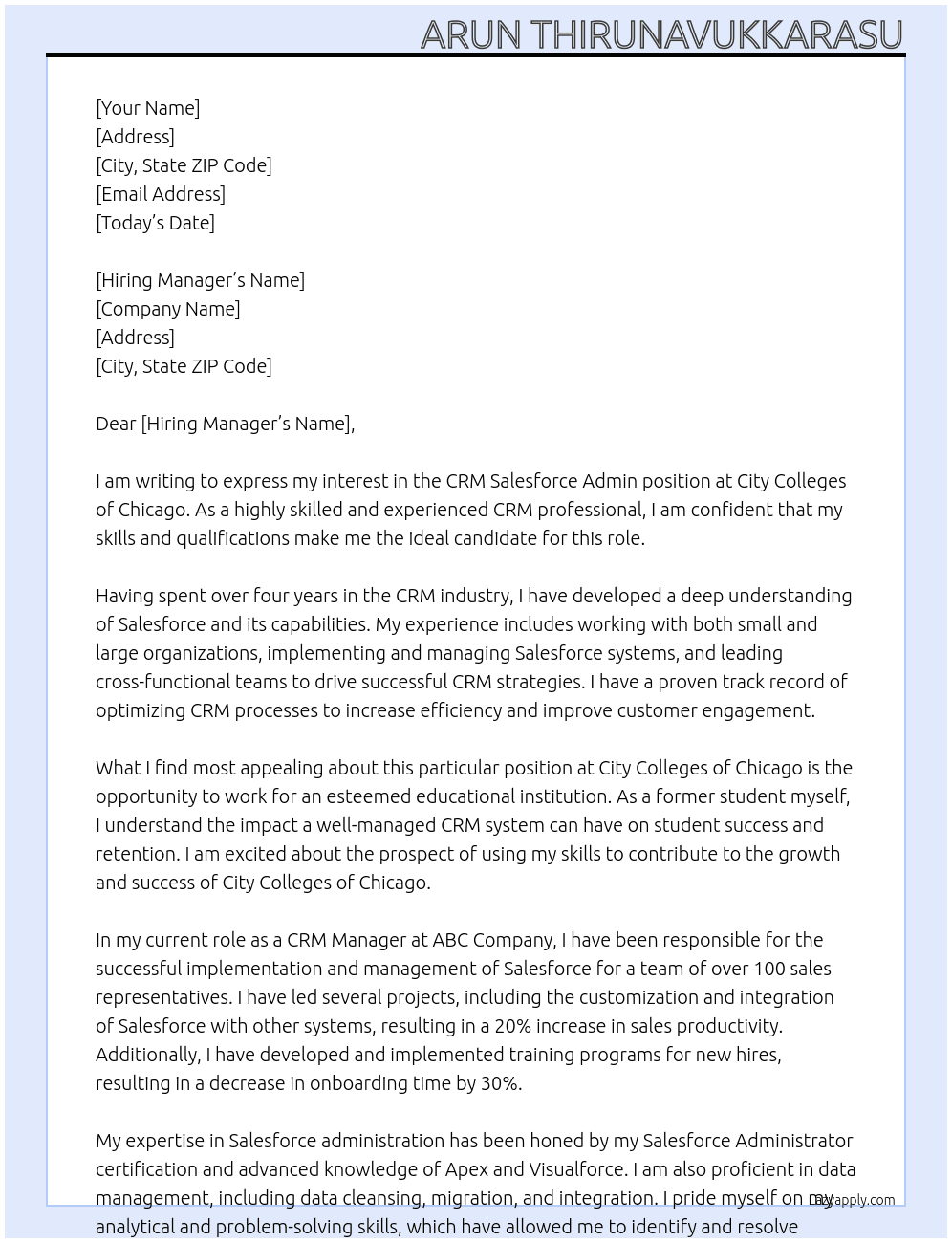 CRM Salesforce Admin  At City Colleges of Chicago Cover Letter