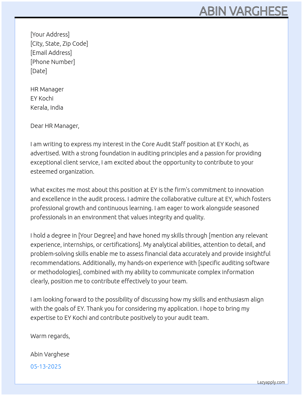 core audit staff At ey kochi kerala india  Cover Letter