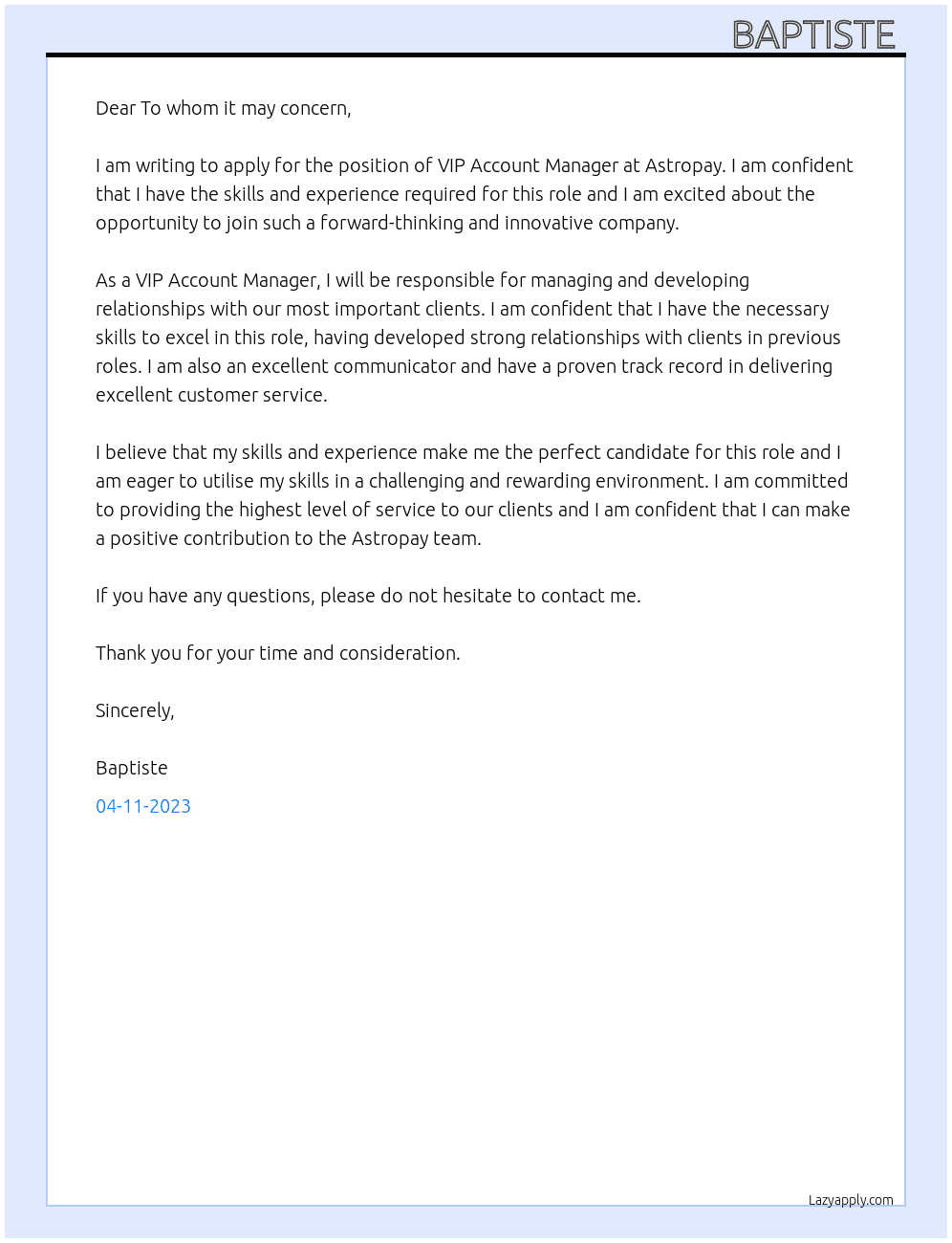 VIP Account Manager At Astropay Cover Letter