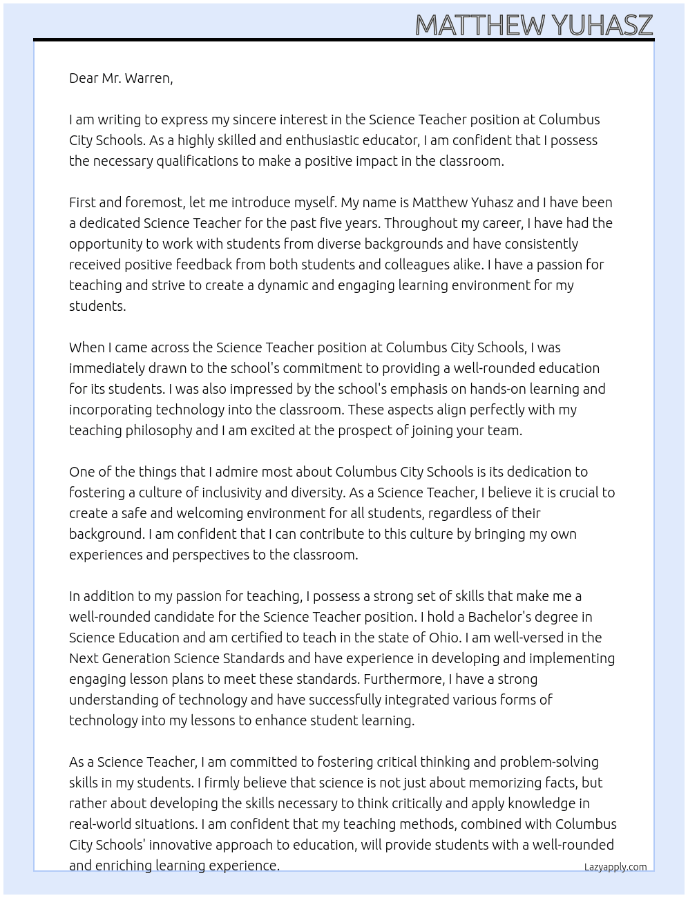 Science Teacher At Columbus City Schools Cover Letter