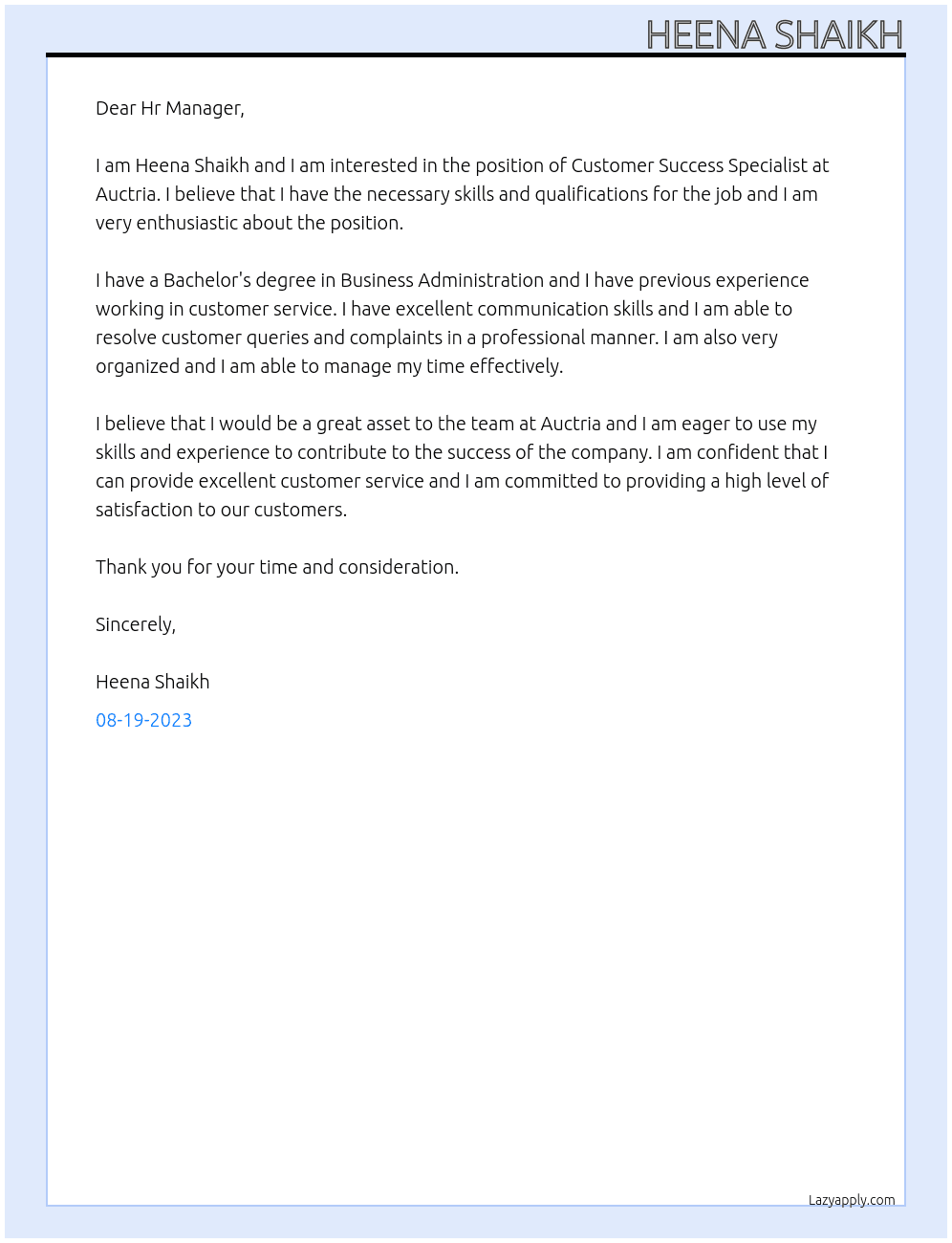 Customer Success Specialist At  Auctria Cover Letter