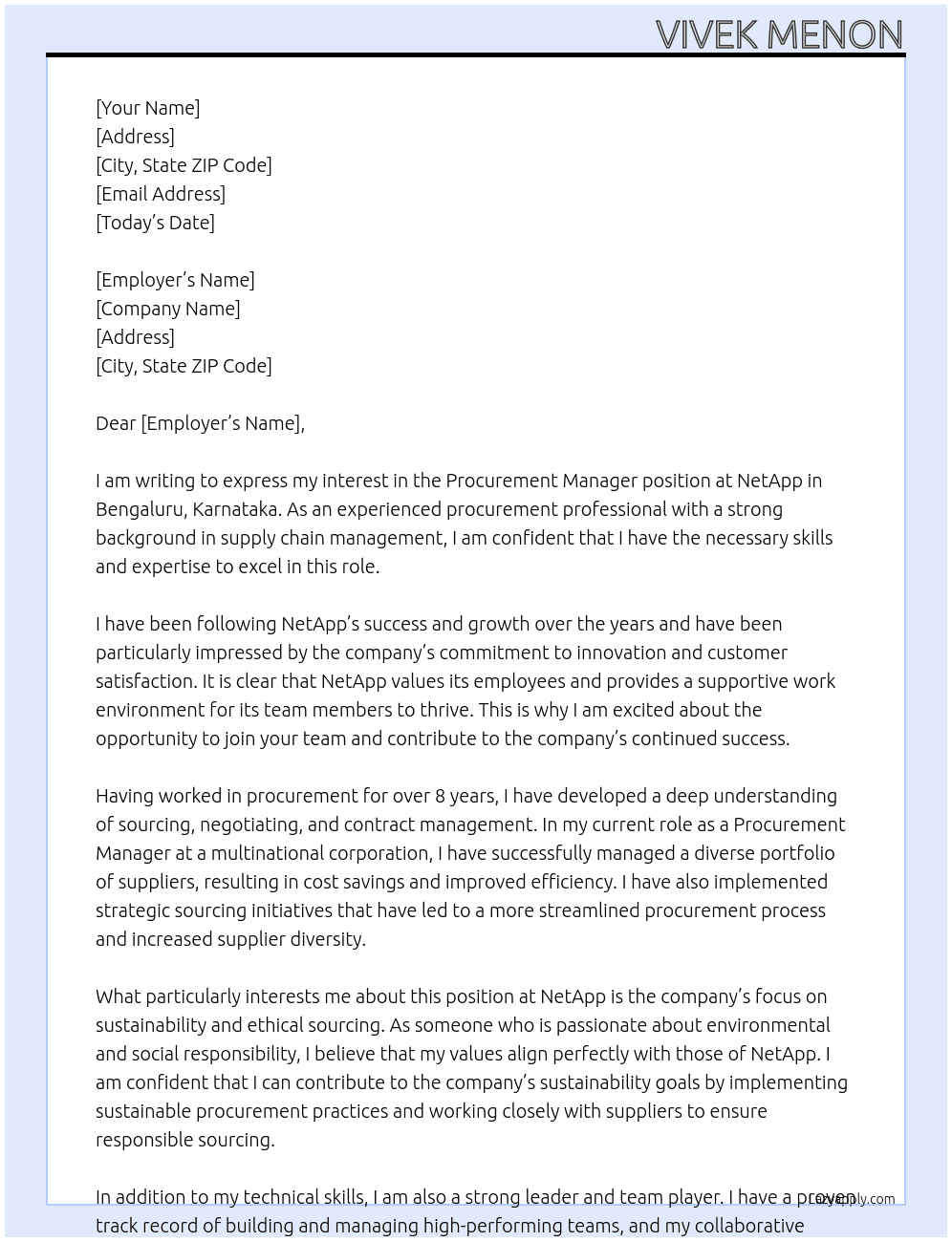 Procurement Manager At NetApp in Bengaluru, Karnataka Cover Letter