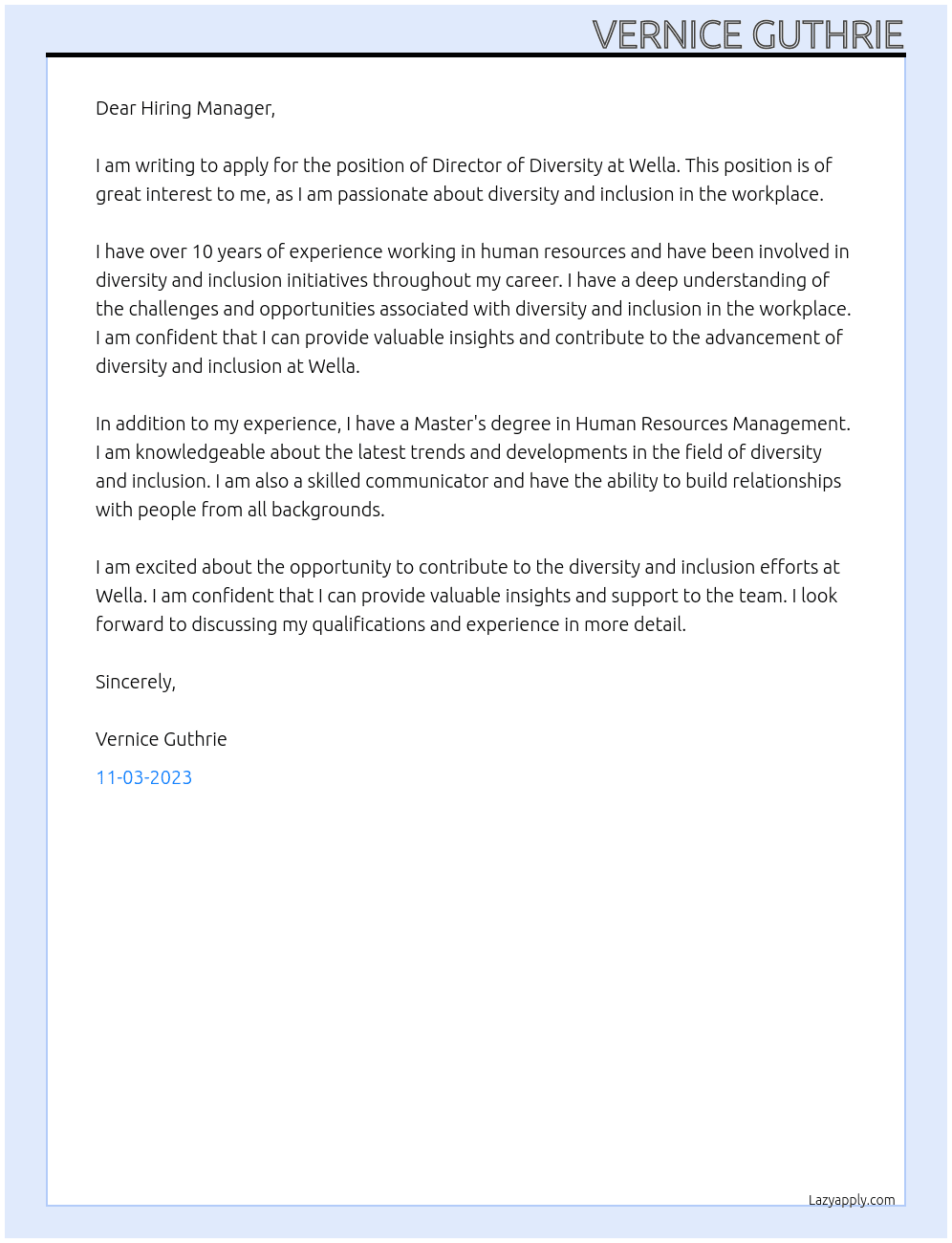 Director of Diversity At Wella Cover Letter