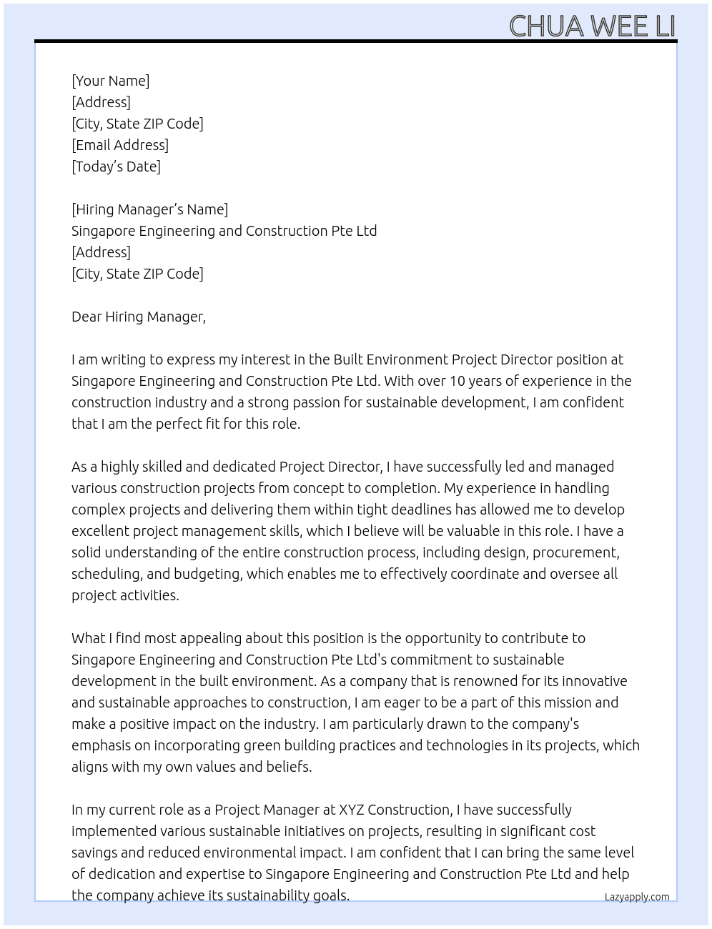 Built Environment Project Director At Singapore Engineering and Construction Pte Ltd Cover Letter