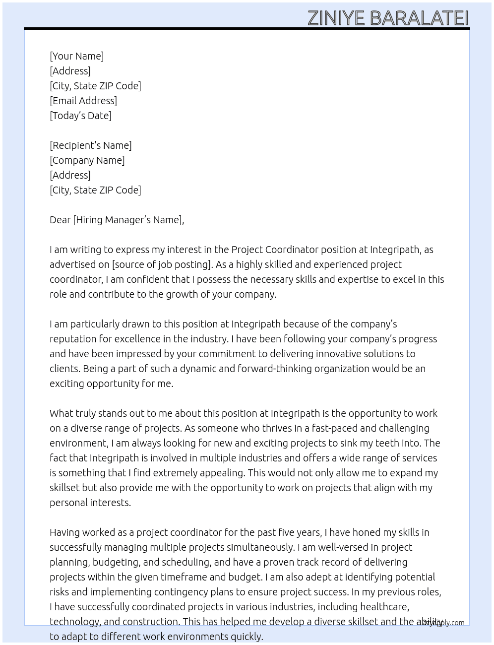 Project Coordinator At Integripath Cover Letter