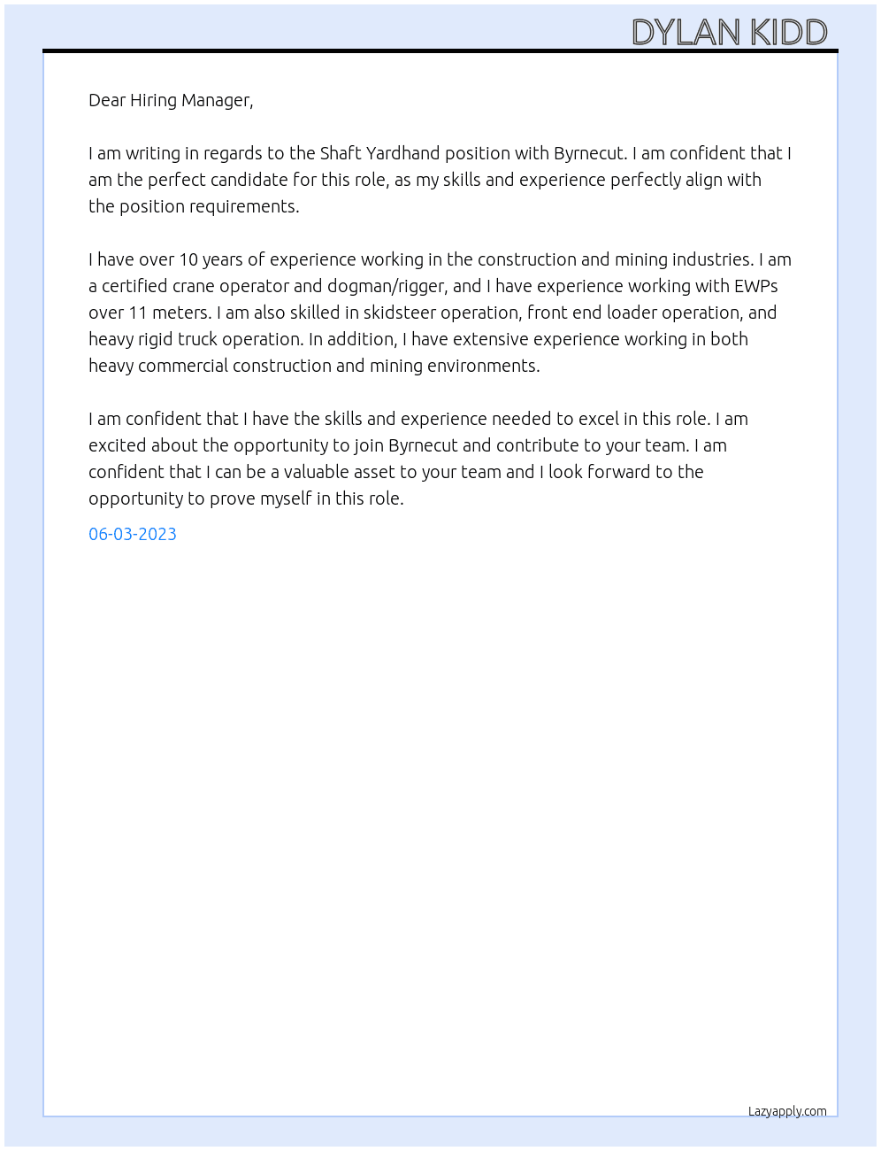Shaft Yardhand  At Byrnecut Cover Letter