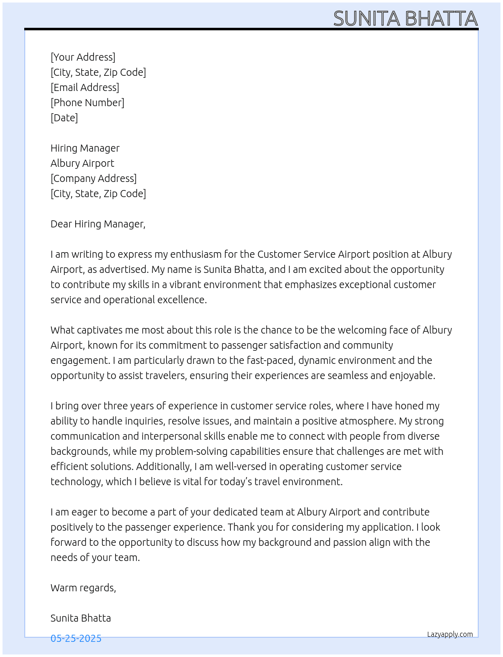 Customer Service Airport At Albury Airport Cover Letter