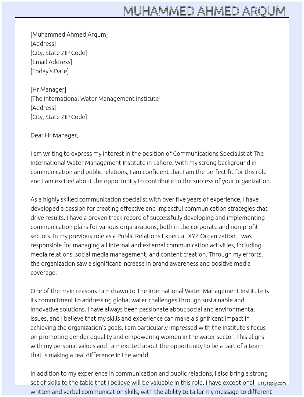 Communications Specialist  At The International Water Management Institute  Cover Letter
