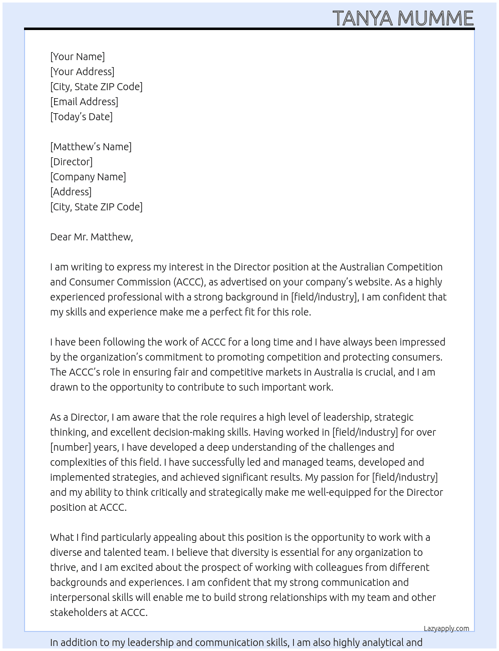 Director At ACCC Cover Letter