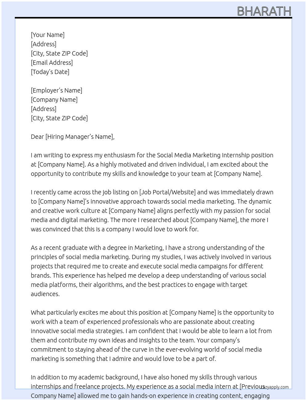 Social Media Marketing Internship At wefe Cover Letter