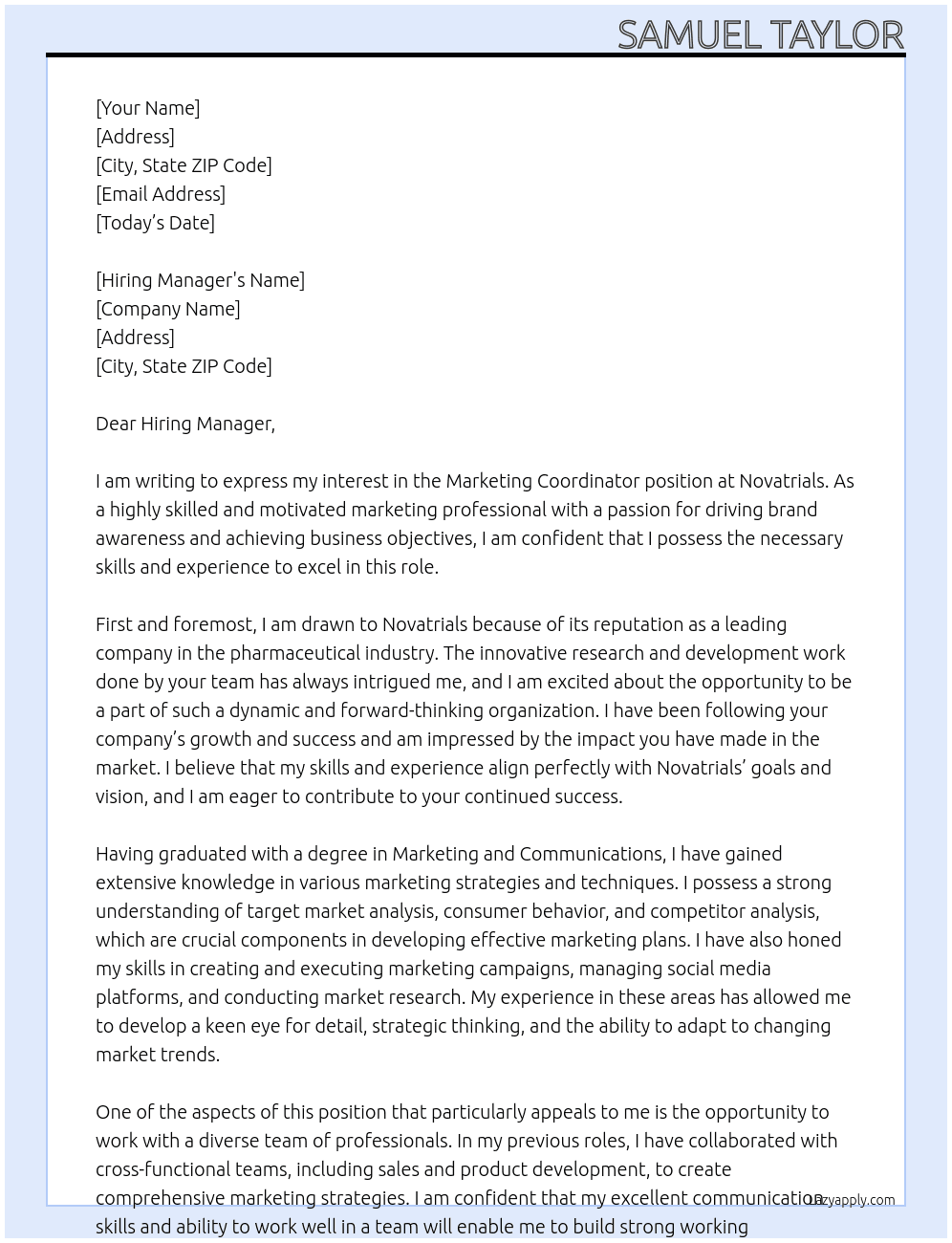 Marketing Coordinator At Novatrials Cover Letter