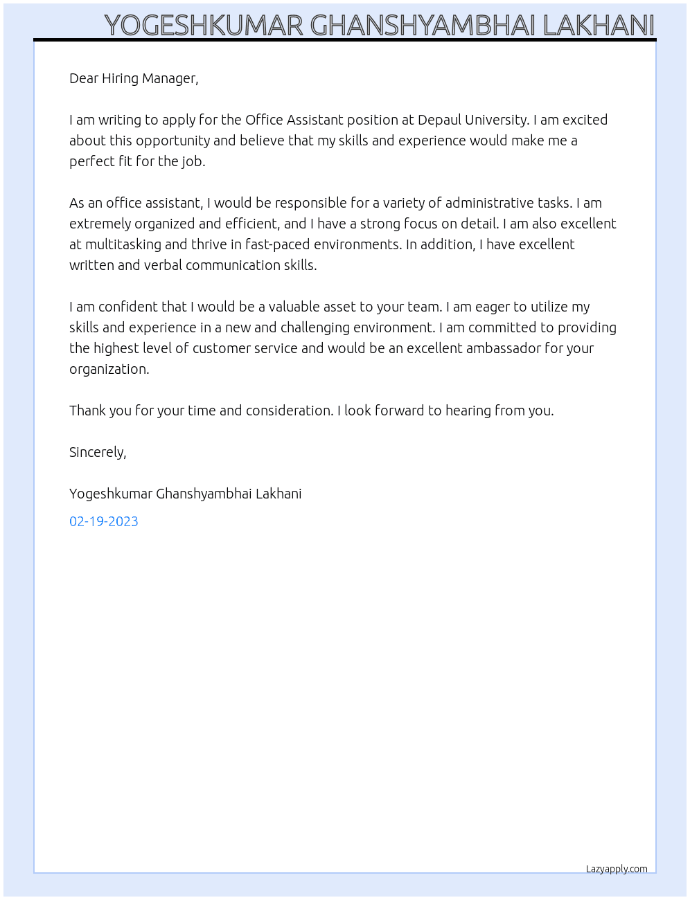 Office Assistant At Depaul University Cover Letter