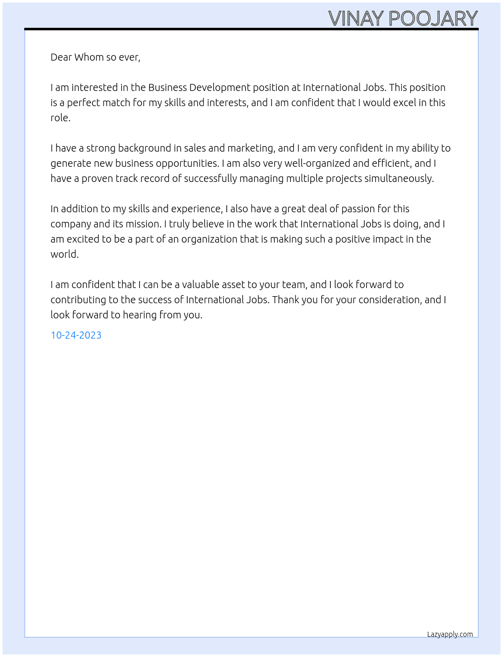 Business Development At International Jobs Cover Letter