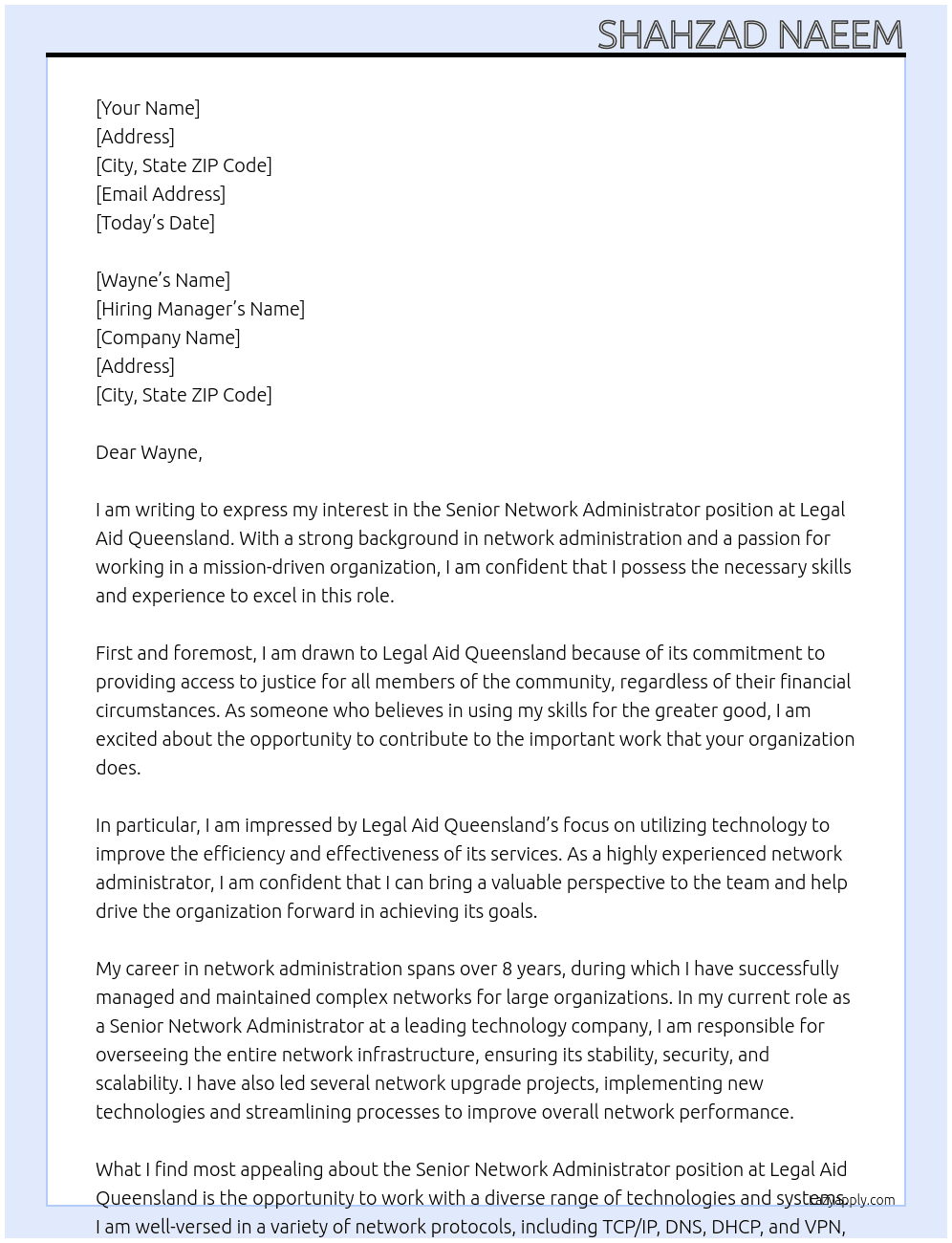 Senior Network administrator At Legal Aid Queensland Cover Letter
