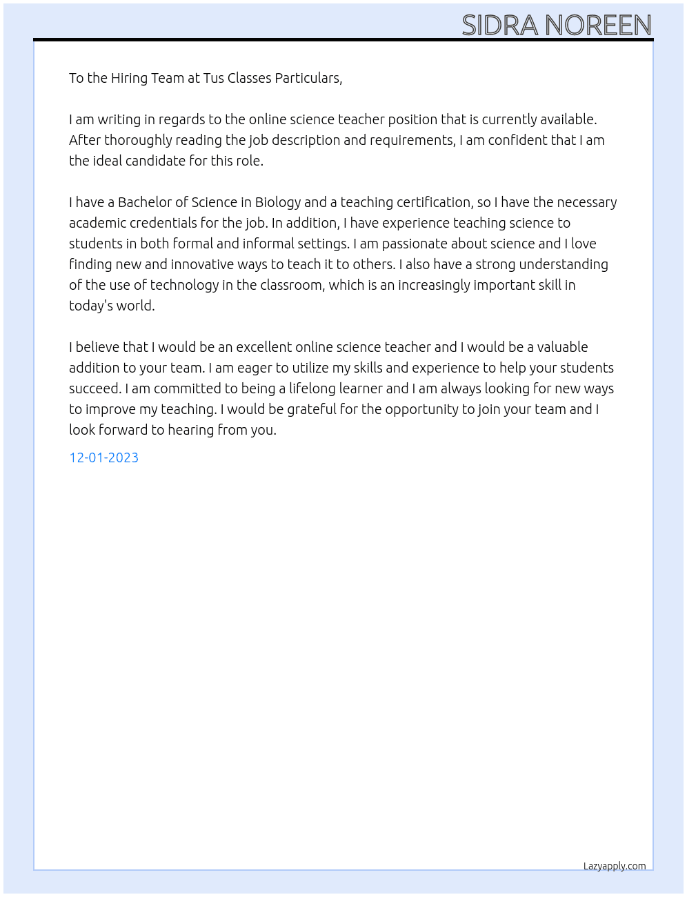 online science teacher At tus classes particulars Cover Letter