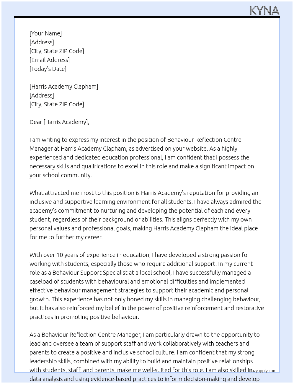 Behaviour Reflection Centre Manager At Harris Academy Clapham Cover Letter