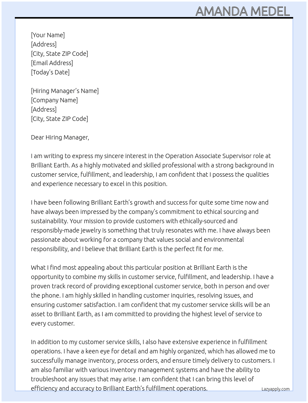 Operation Associate  At Brilliant Earth Cover Letter