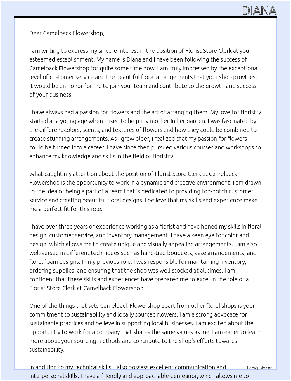 florist store clerk At Camelback Flowershop Cover Letter