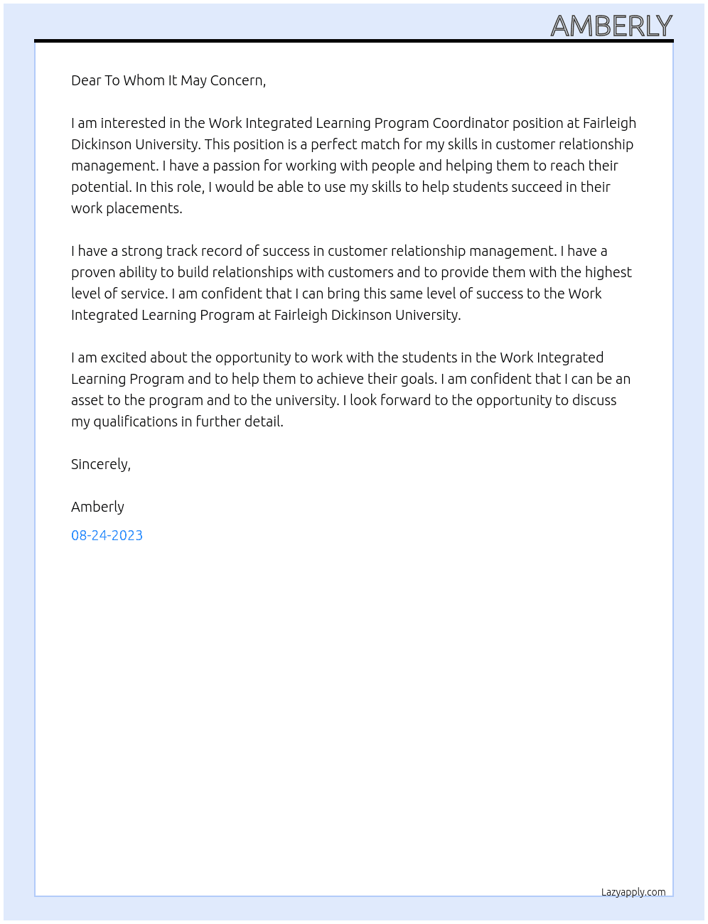 Work Integrated Learning Program Coordinator At Fairleigh Dickinson University Cover Letter