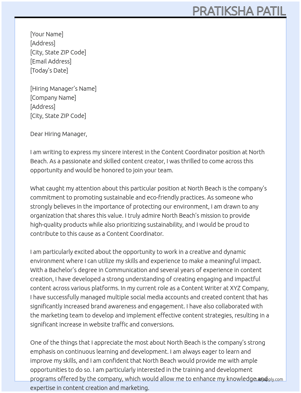 Content Coordinator At North Beach Cover Letter