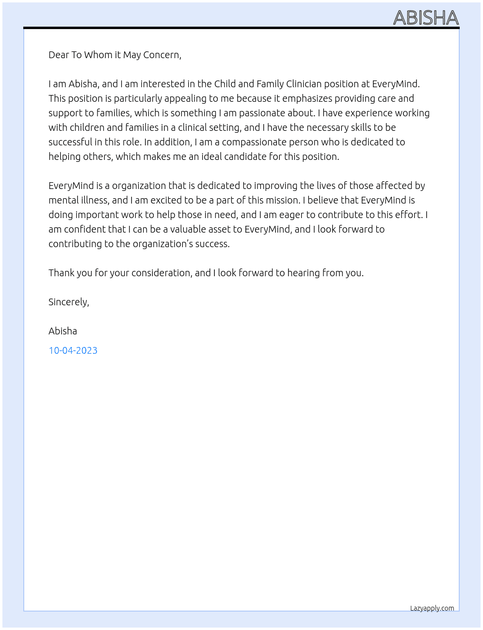 Child and Family Clinician At EveryMind Cover Letter