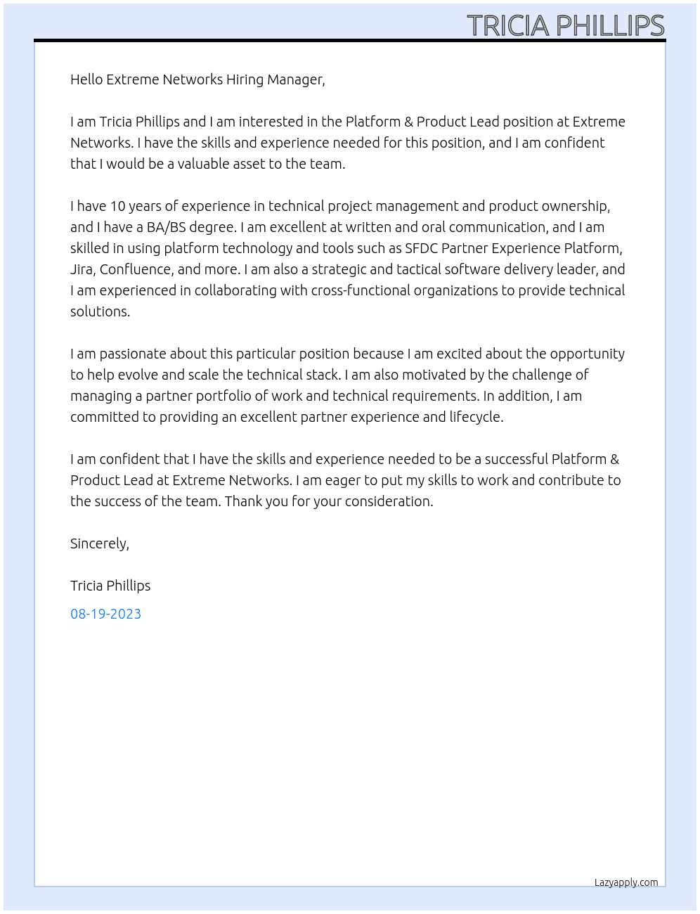 Platform & Product Lead At Extreme Networks Cover Letter