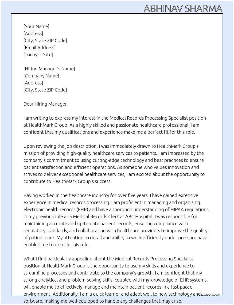 Medical Records Processing Specialist At HealthMark Group Cover Letter