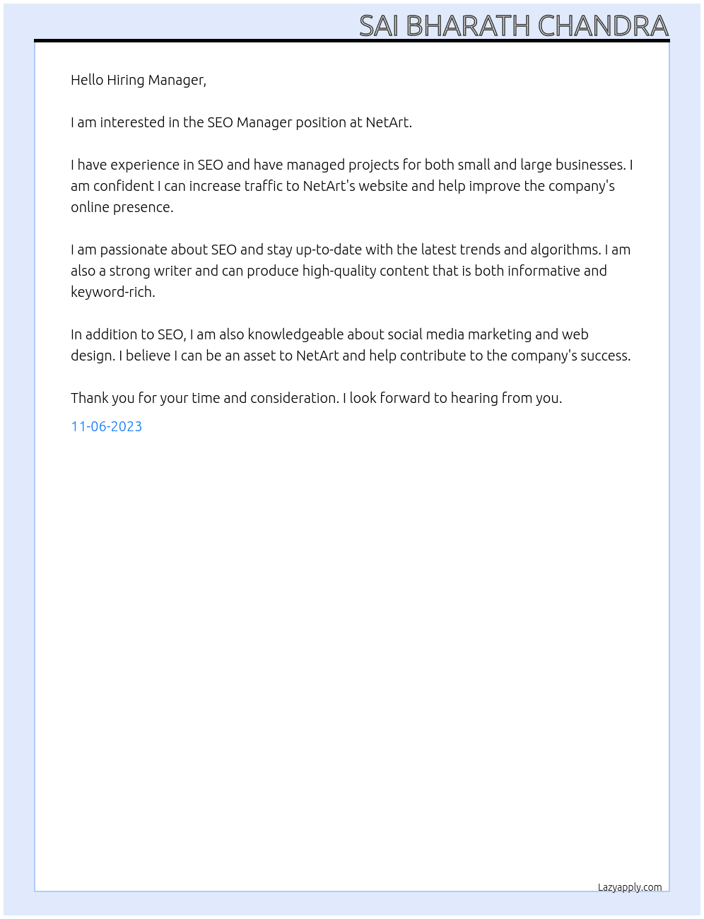 Seo Manager At NetArt Cover Letter