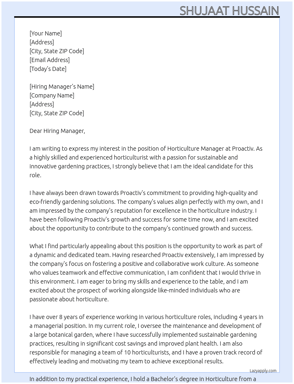 Horticulture Manager At proactiv Cover Letter