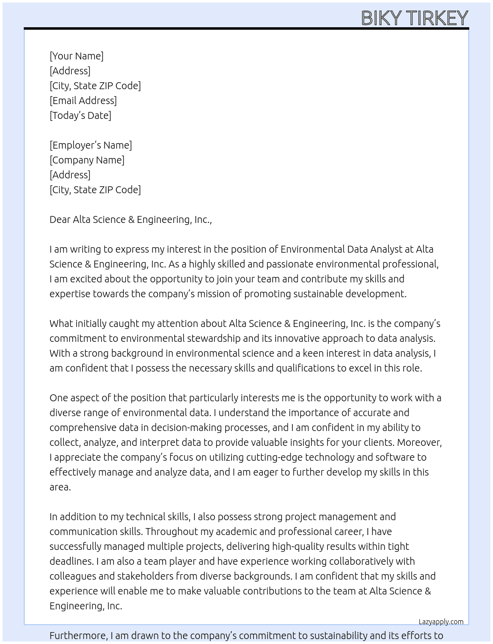Environmental Data Analyst At Alta Science & Engineering, Inc.Alta Science & Engineering, Inc. Cover Letter