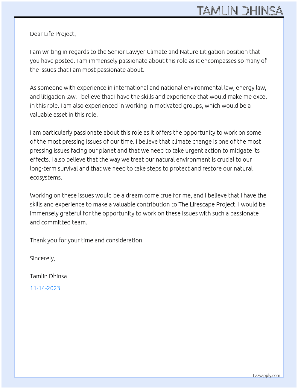 Senior Lawyer Climate and Nature Litigation At The Lifescape Project Cover Letter