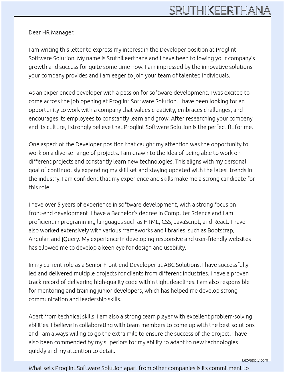 developer At proglint software solution Cover Letter