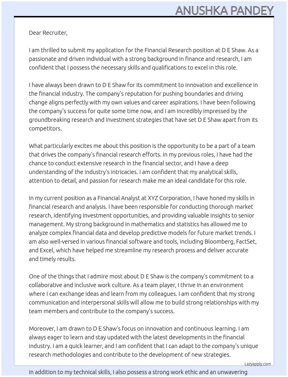 Financial Research  At D E Shaw  Cover Letter