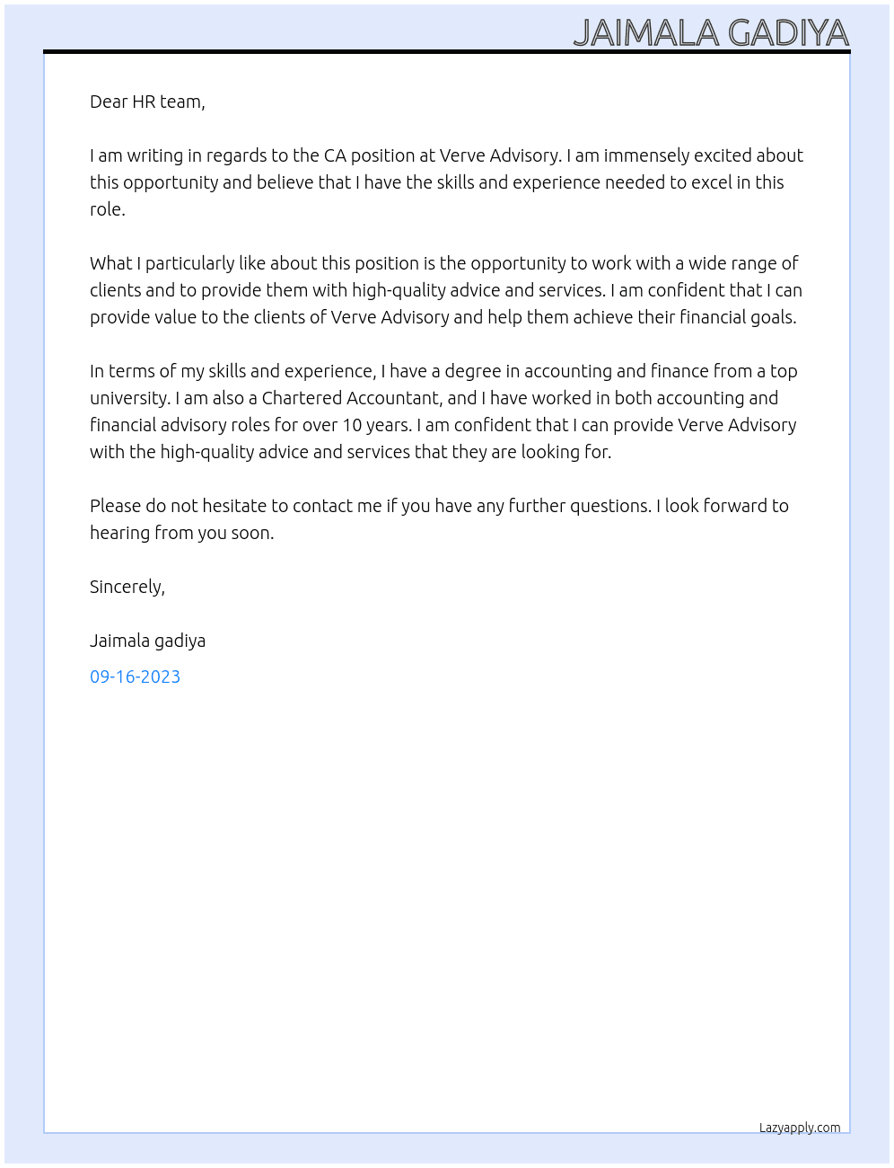 CA At Verve Advisory Cover Letter