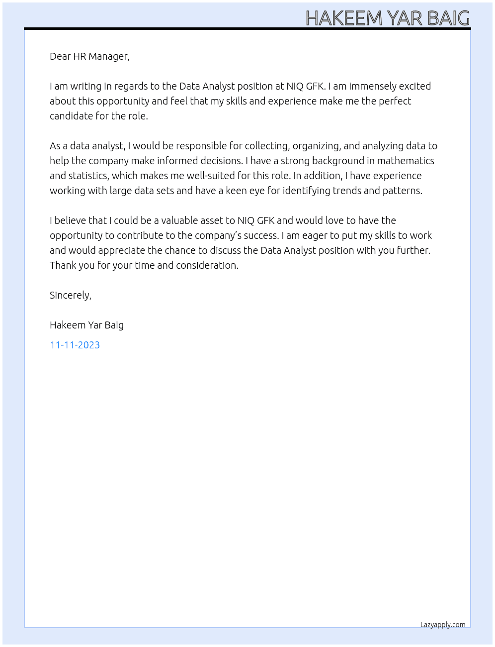 Data Analyst At NIQ GFK Cover Letter