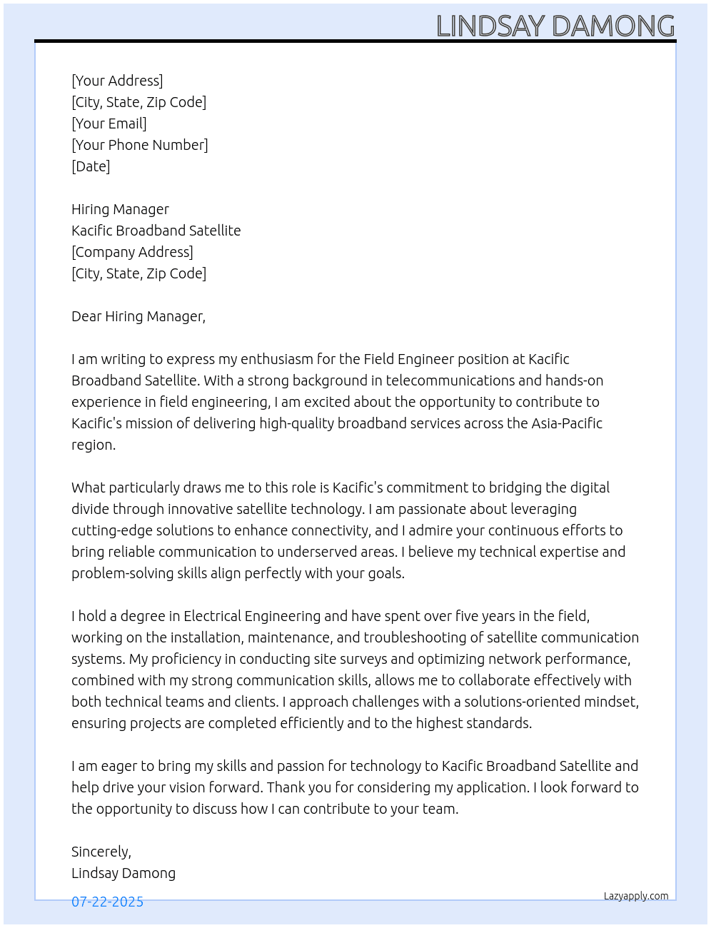 Cover letter for field engineer - LazyApply