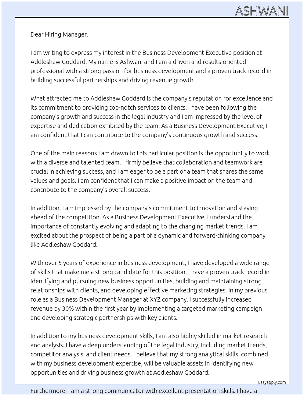 Business Development Executive At Addleshaw Goddard Cover Letter