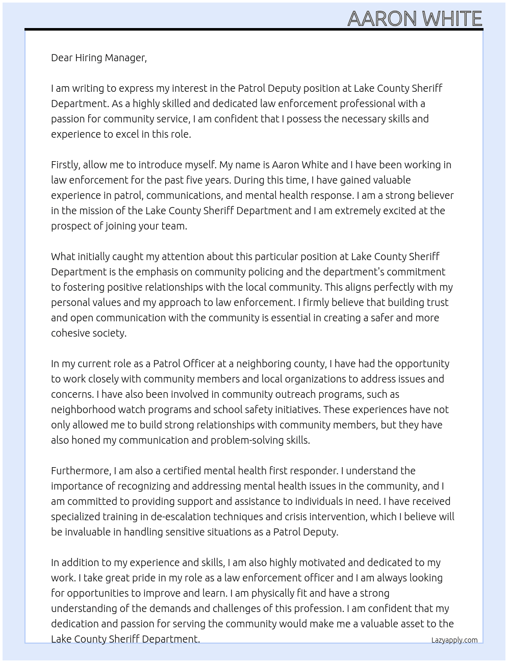 Patrol Deputy  At Lake County Sheriff Department  Cover Letter
