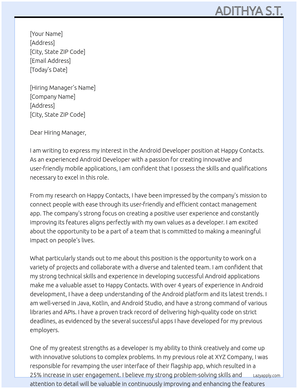Android Developer At Happy Contacts Cover Letter
