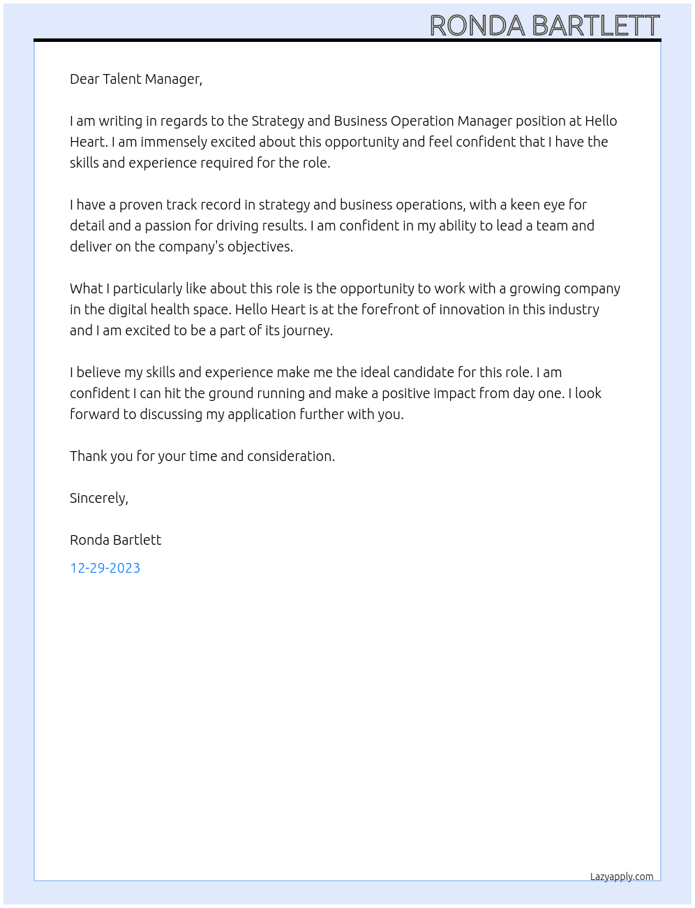 Strategy and Business Operation Manager At Hello Heart  Cover Letter