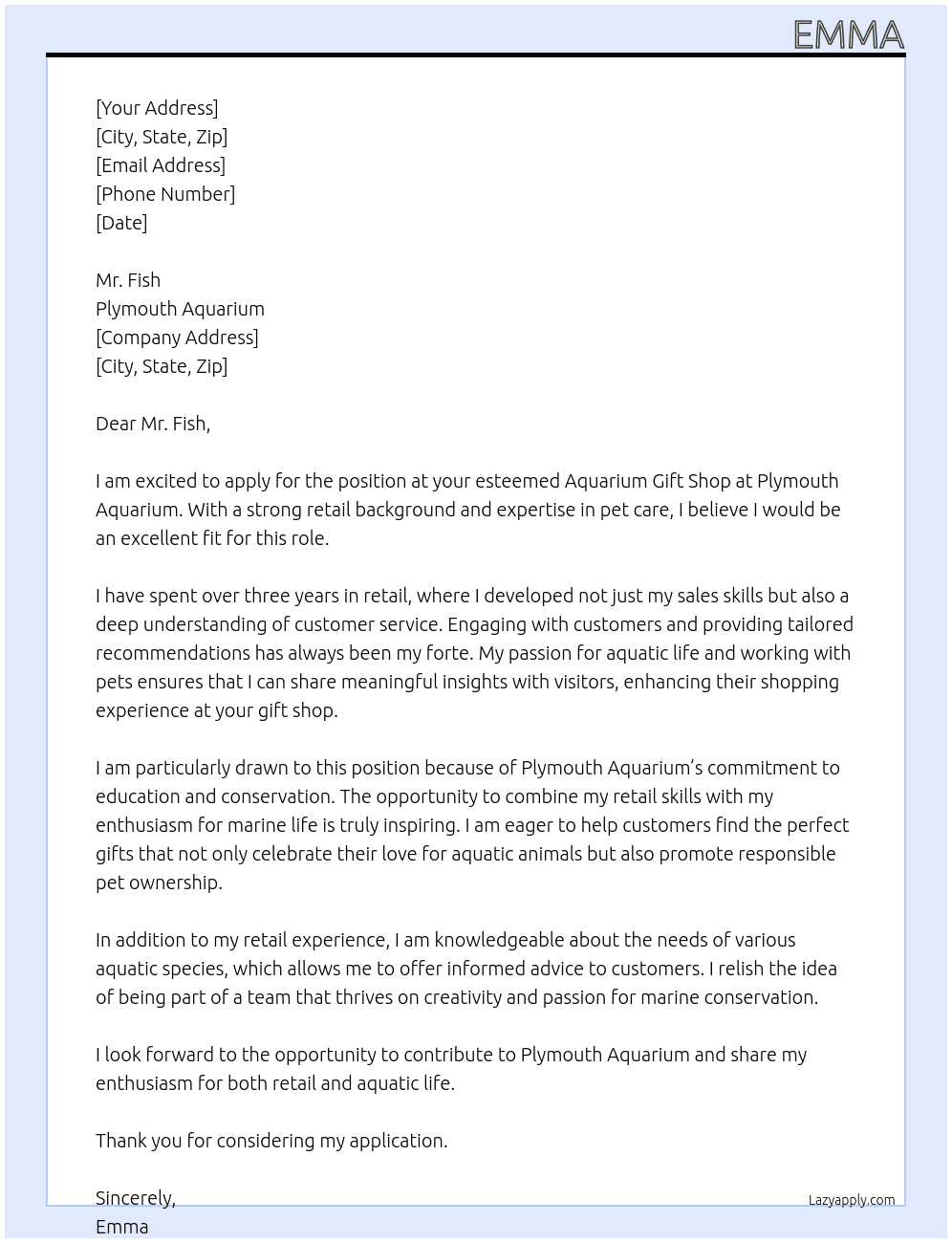 Aquarium gift shop At Plymouth aquarium  Cover Letter
